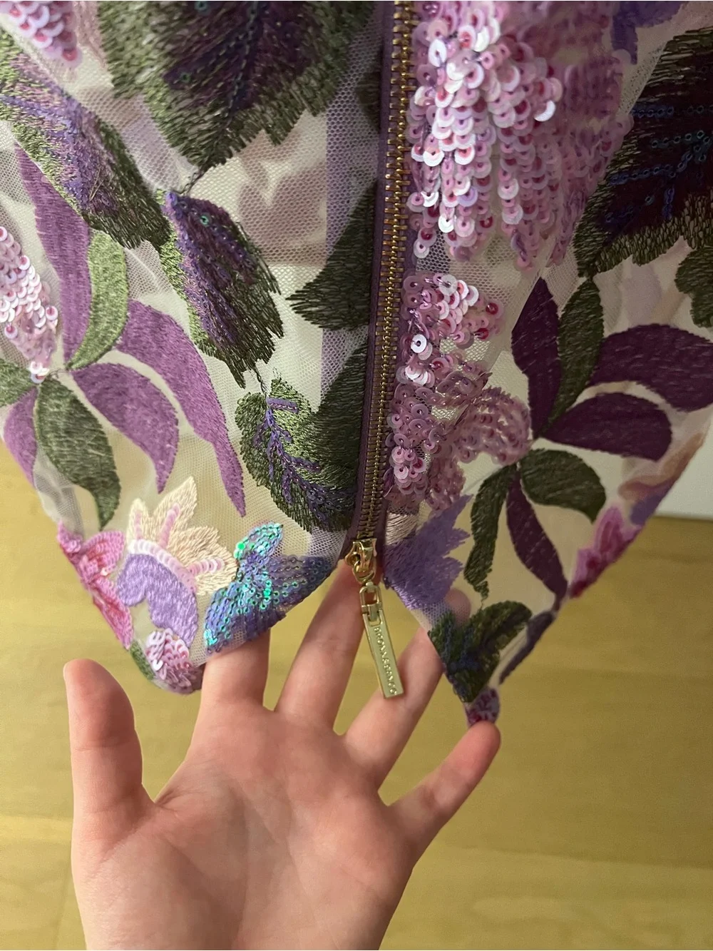 Bronx Banco Lavender Floral Embroidered Gown